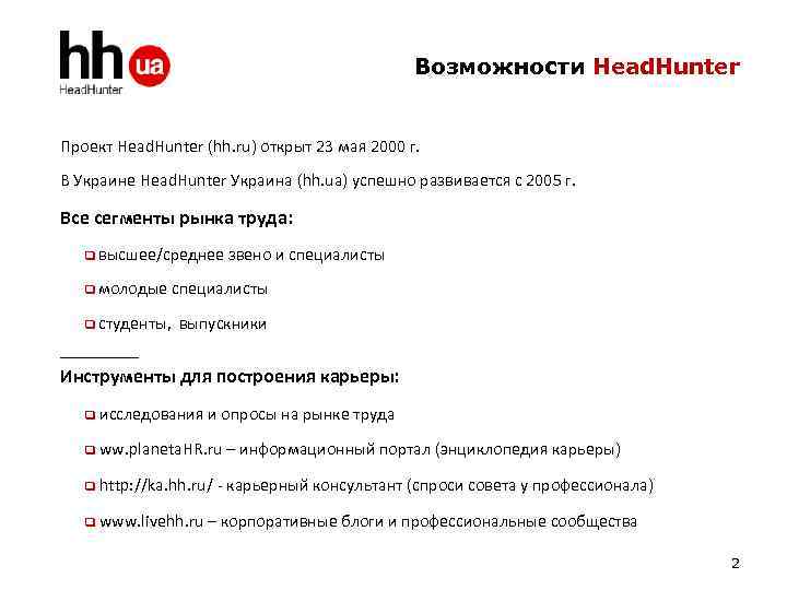  Возможности Head. Hunter Проект Head. Hunter (hh. ru) открыт 23 мая 2000 г.