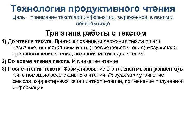 Технология продуктивного чтения Цель – понимание текстовой информации, выраженной в явном и неявном виде