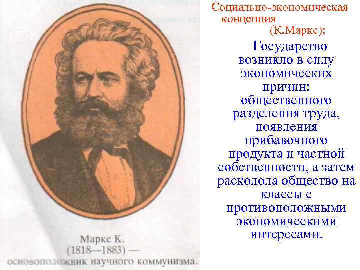 Социально-экономическая концепция (К. Маркс): Государство возникло в силу экономических причин: общественного разделения труда, появления