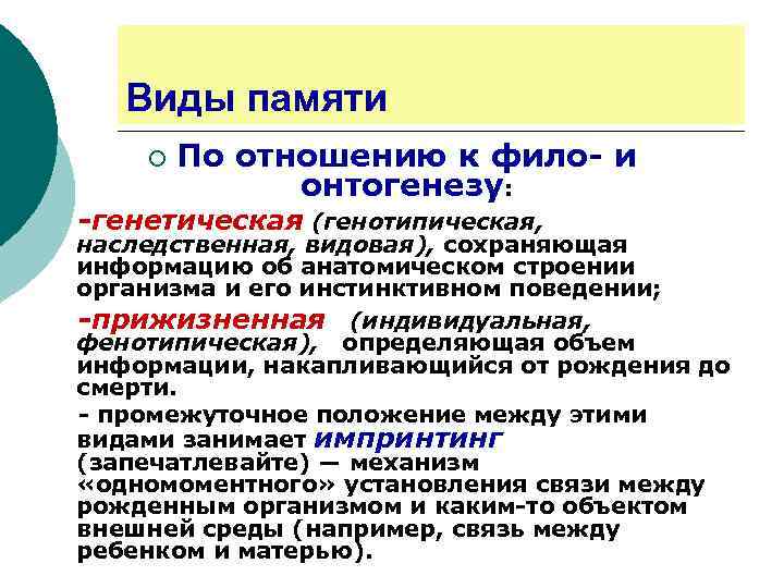 Виды памяти ¡ По отношению к фило- и онтогенезу: -генетическая (генотипическая, наследственная, видовая), сохраняющая