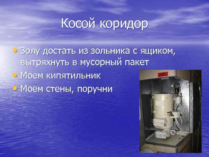 Косой коридор • Золу достать из зольника с ящиком, вытряхнуть в мусорный пакет •