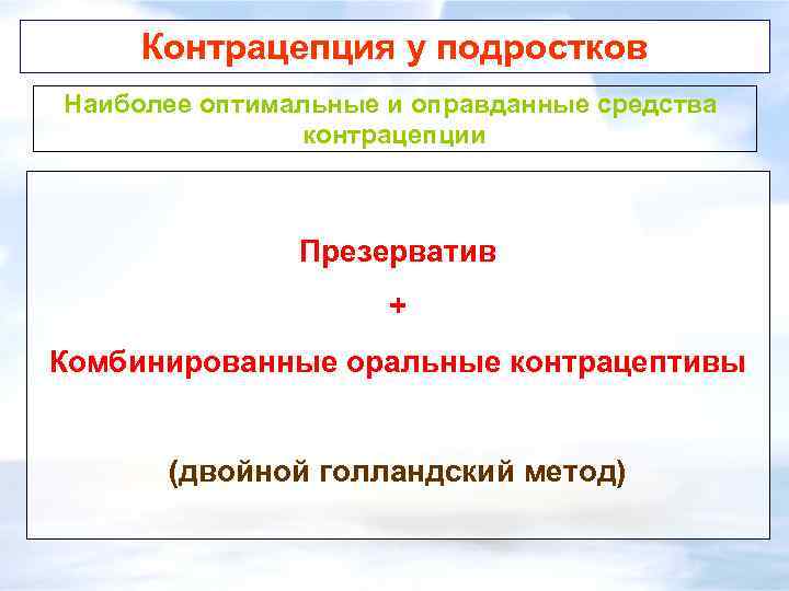 Контрацепция у подростков Наиболее оптимальные и оправданные средства контрацепции Презерватив + Комбинированные оральные контрацептивы