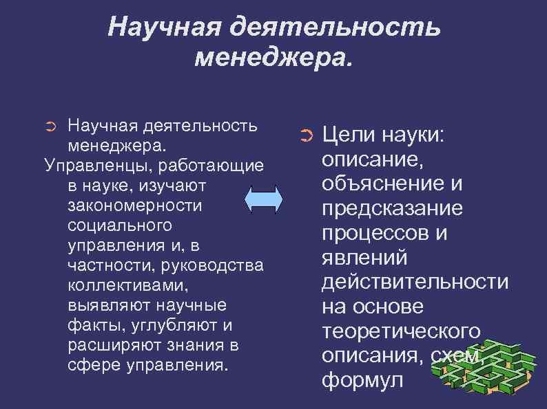 Научная деятельность менеджера. Управленцы, работающие в науке, изучают закономерности социального управления и, в частности,