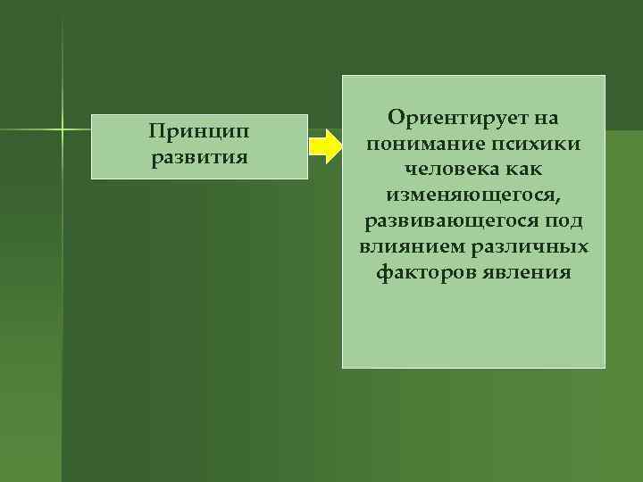 Принцип развития Ориентирует на понимание психики человека как изменяющегося, развивающегося под влиянием различных факторов