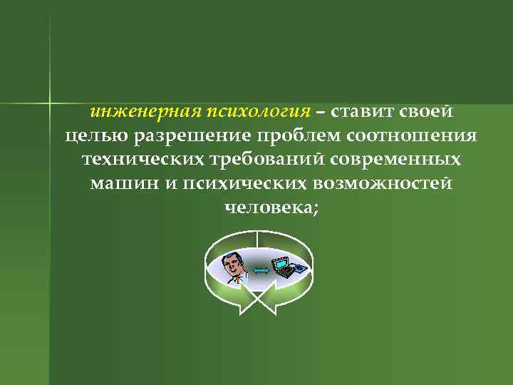 инженерная психология – ставит своей целью разрешение проблем соотношения технических требований современных машин и