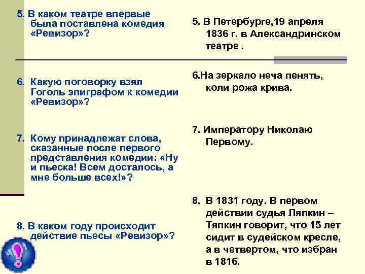 5. В каком театре впервые была поставлена комедия «Ревизор» ? 6. Какую поговорку взял