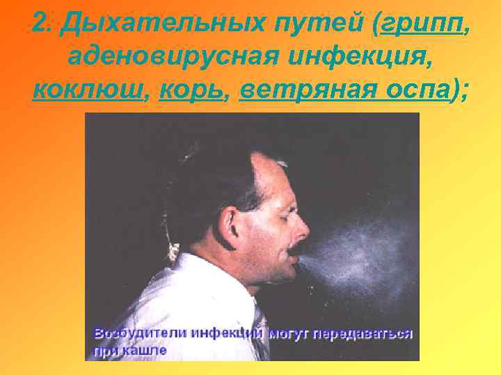 2. Дыхательных путей (грипп, аденовирусная инфекция, коклюш, корь, ветряная оспа); 
