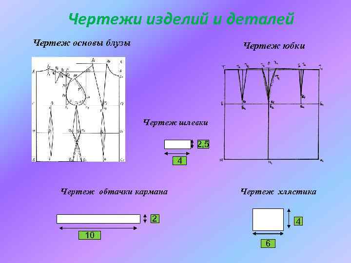 Чертежи изделий и деталей Чертеж основы блузы Чертеж юбки Чертеж шлевки 2, 5 4