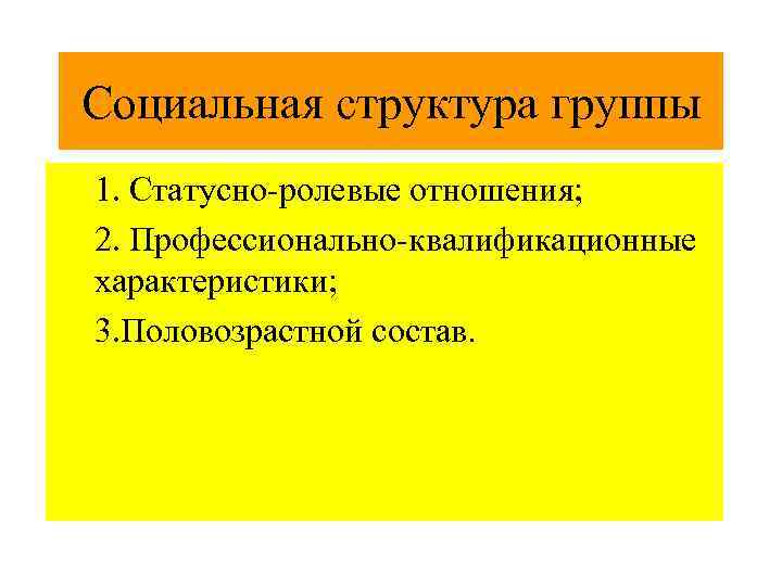 Социальная структура группы 1. Статусно-ролевые отношения; 2. Профессионально-квалификационные характеристики; 3. Половозрастной состав. 