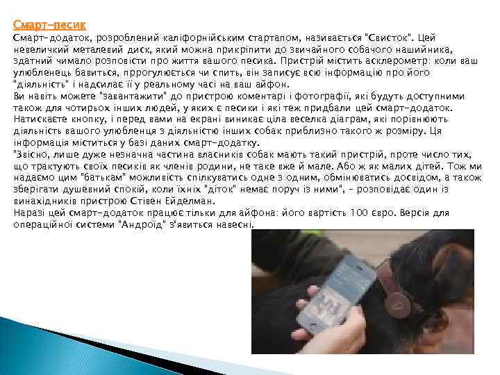 Смарт-песик Смарт-додаток, розроблений каліфорнійським стартапом, називається “Свисток”. Цей невеличкий металевий диск, який можна прикріпити