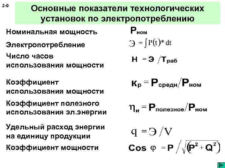 2 -9 Основные показатели технологических установок по электропотреблению Номинальная мощность Электропотребление Число часов использования