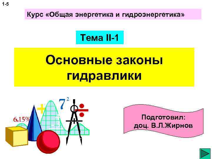 1 -5 Курс «Общая энергетика и гидроэнергетика» Тема II-1 Основные законы гидравлики Подготовил: доц.