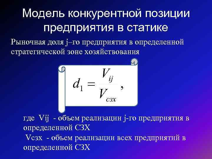 Модель конкурентной позиции предприятия в статике Рыночная доля j–го предприятия в определенной стратегической зоне