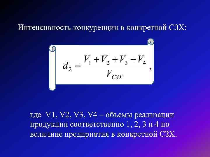 Интенсивность конкуренции в конкретной СЗХ: где V 1, V 2, V 3, V 4