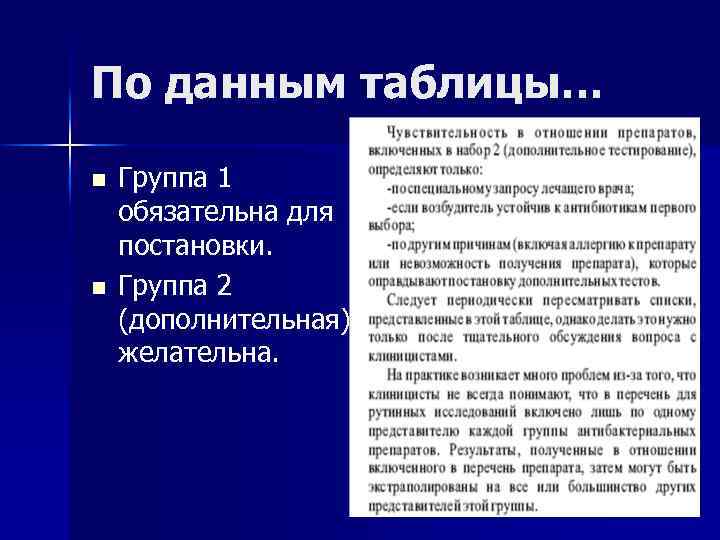 По данным таблицы… n n Группа 1 обязательна для постановки. Группа 2 (дополнительная) желательна.