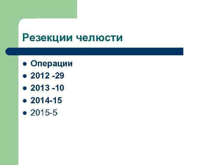 Резекции челюсти l l l Операции 2012 -29 2013 -10 2014 -15 2015 5