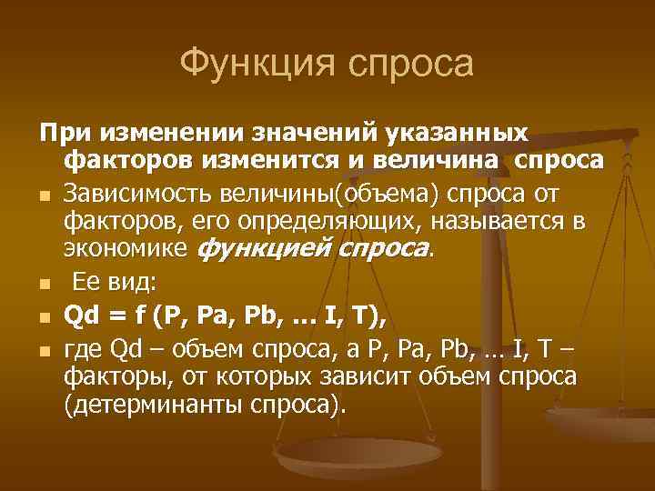 Функция спроса При изменении значений указанных факторов изменится и величина спроса n Зависимость величины(объема)