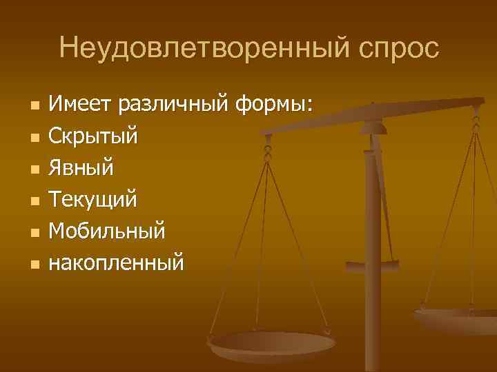 Неудовлетворенный спрос n n n Имеет различный формы: Скрытый Явный Текущий Мобильный накопленный 