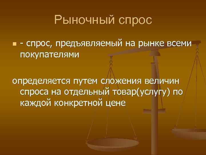 Рыночный спрос n - спрос, предъявляемый на рынке всеми покупателями определяется путем сложения величин
