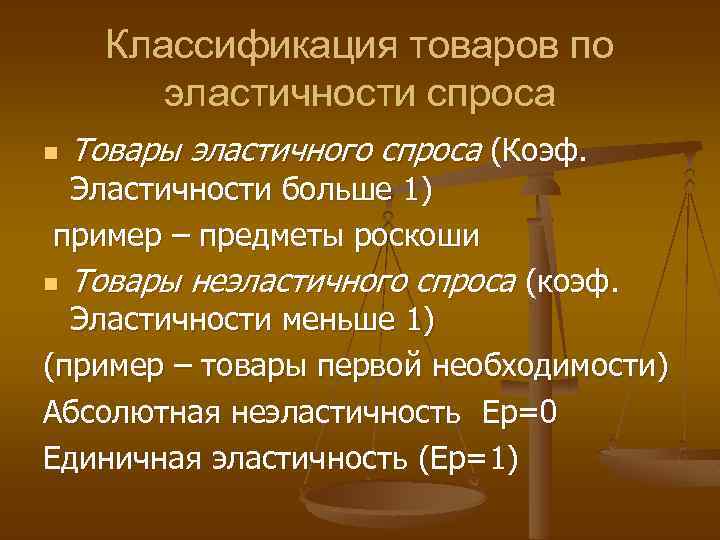 Классификация товаров по эластичности спроса n Товары эластичного спроса (Коэф. Эластичности больше 1) пример