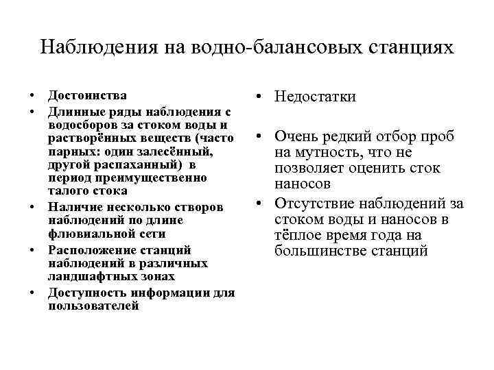  Наблюдения на водно-балансовых станциях  • Достоинства    • Недостатки •