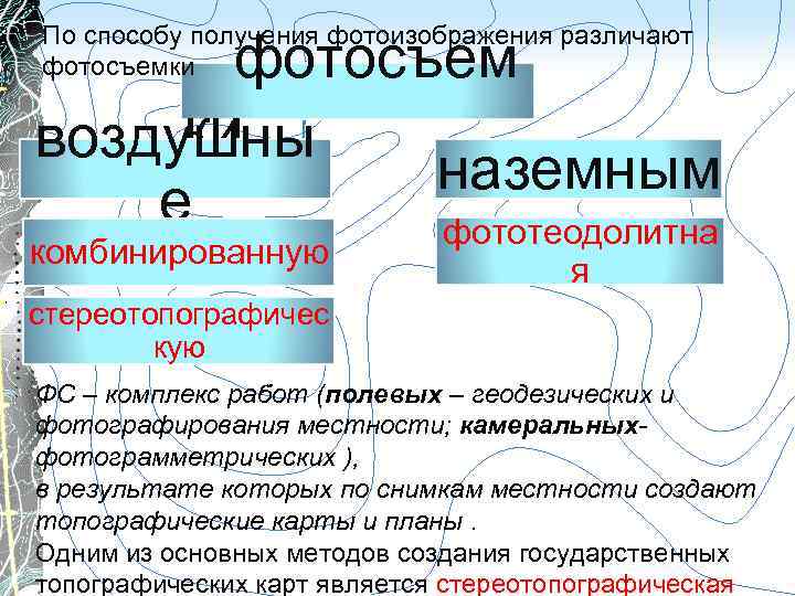 По способу получения фотоизображения различают фотосъемки фотосъем ки воздушны наземным е фототеодолитна комбинированную я