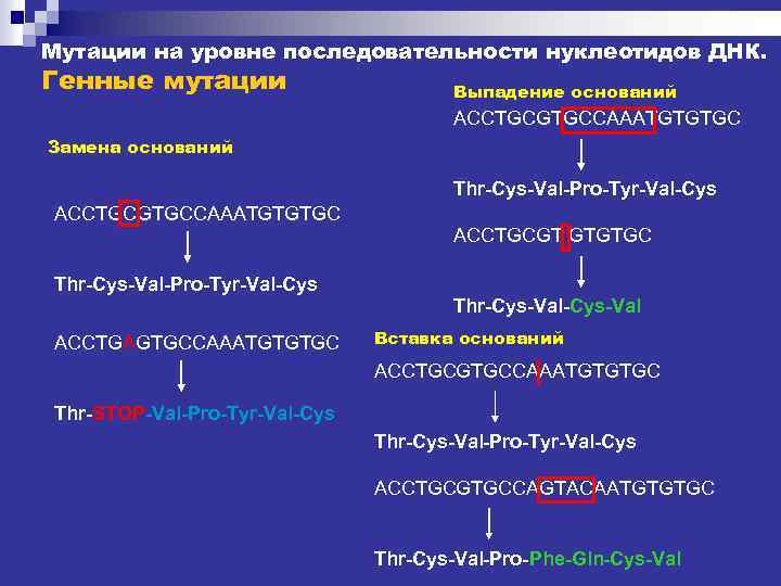 Мутации на уровне последовательности нуклеотидов ДНК. Генные мутации Выпадение оснований ACCTGCGTGCCAAATGTGTGC Замена оснований Thr-Cys-Val-Pro-Tyr-Val-Cys