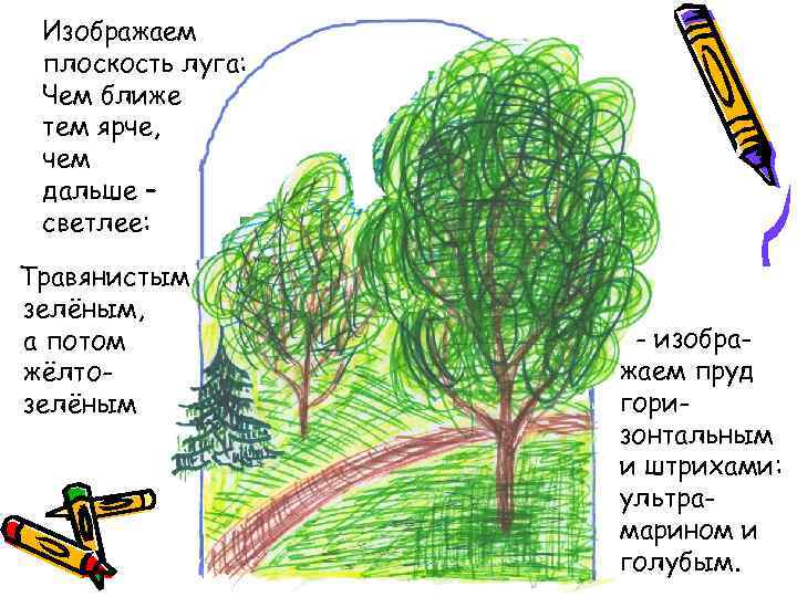 Изображаем плоскость луга: Чем ближе тем ярче, чем дальше – светлее: Травянистым зелёным, а