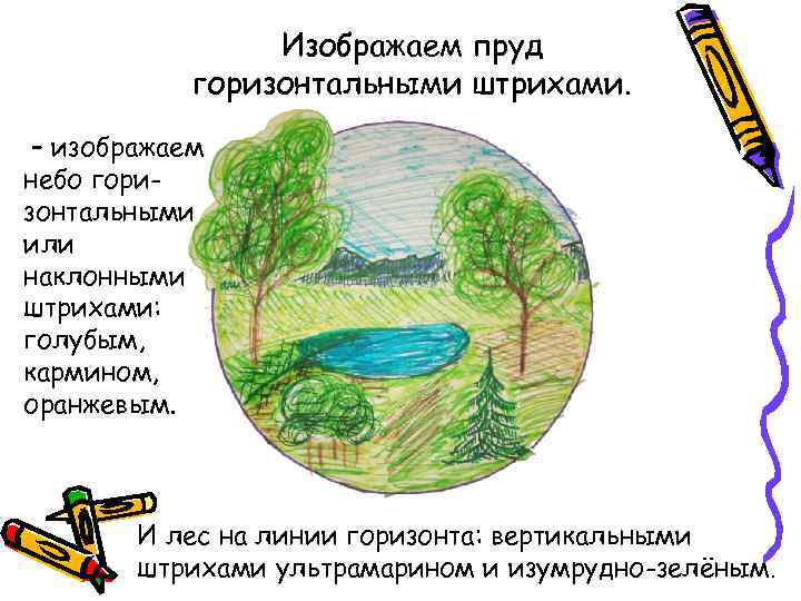 Изображаем пруд горизонтальными штрихами. – изображаем небо горизонтальными или наклонными штрихами: голубым, кармином, оранжевым.