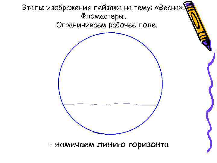 Этапы изображения пейзажа на тему: «Весна» . Фломастеры. Ограничиваем рабочее поле. - намечаем линию