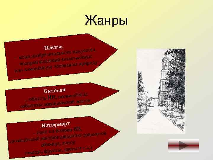 Жанры Пейзаж тва, ного искусс азитель нную жанр изобр – ий естестве дящ роду.