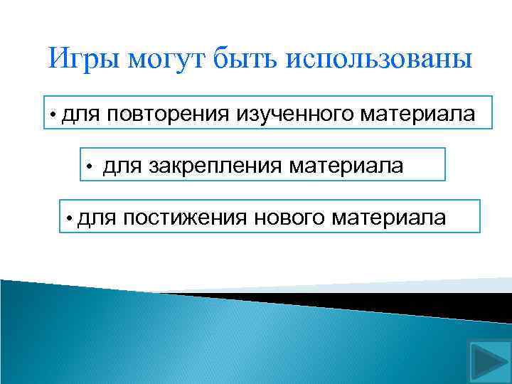 Игры могут быть использованы • для повторения изученного материала • для закрепления материала •