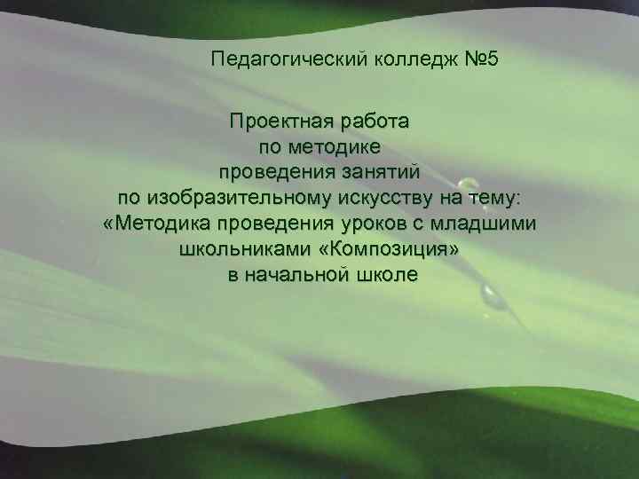 Педагогический колледж № 5 Проектная работа по методике проведения занятий по изобразительному искусству на