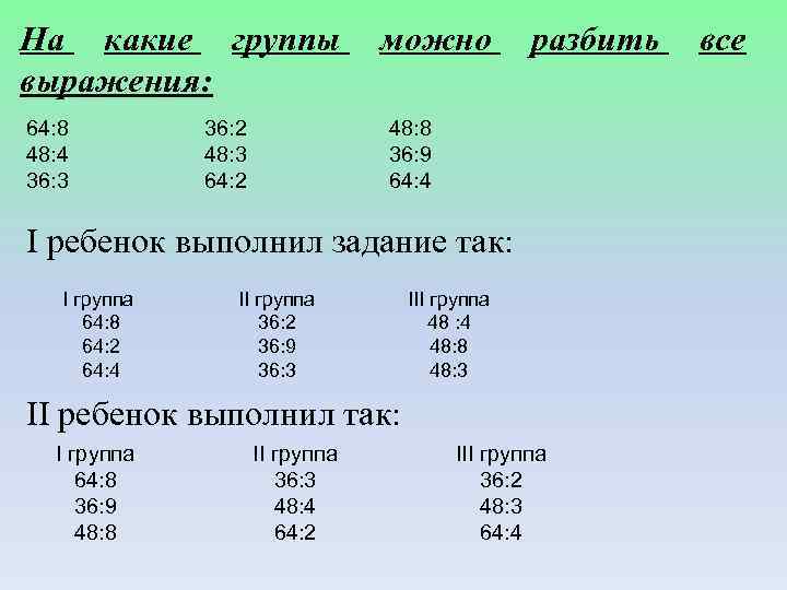 На какие группы выражения: 64: 8 48: 4 36: 3 36: 2 48: 3