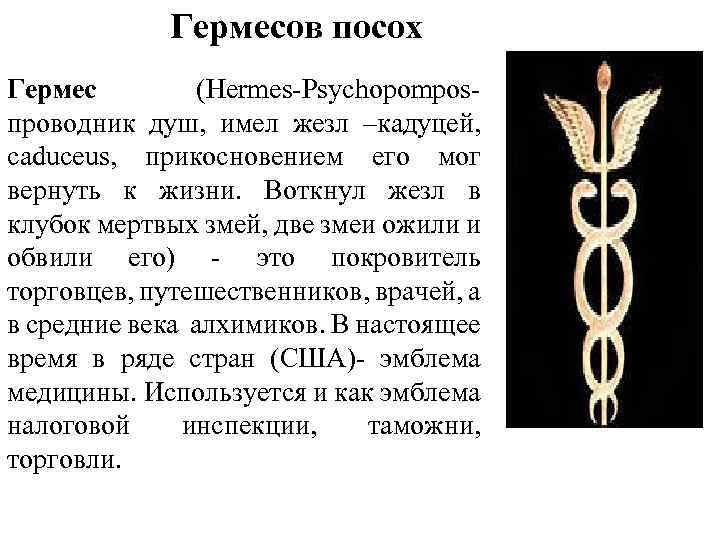 Гермесов посох Гермес (Hermes-Psychopomposпроводник душ, имел жезл –кадуцей, caduceus, прикосновением его мог вернуть к