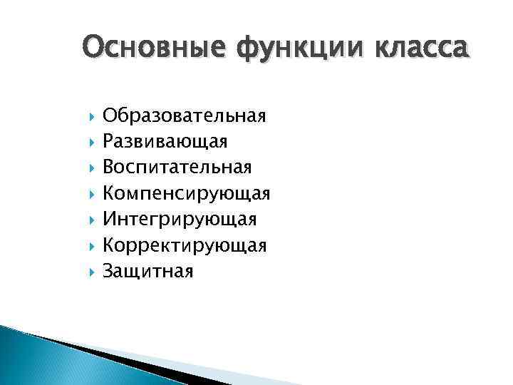 Основные функции класса Образовательная Развивающая Воспитательная Компенсирующая Интегрирующая Корректирующая Защитная 