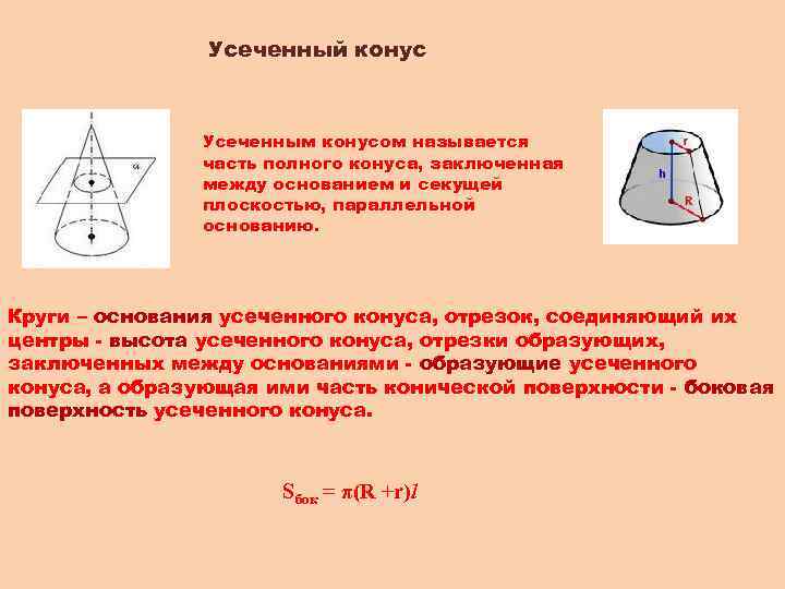 Усеченный конус Усеченным конусом называется часть полного конуса, заключенная между основанием и секущей плоскостью,
