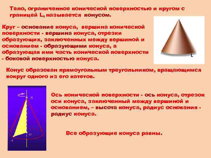 Тело, ограниченное конической поверхностью и кругом с границей L, называется конусом. Круг – основание