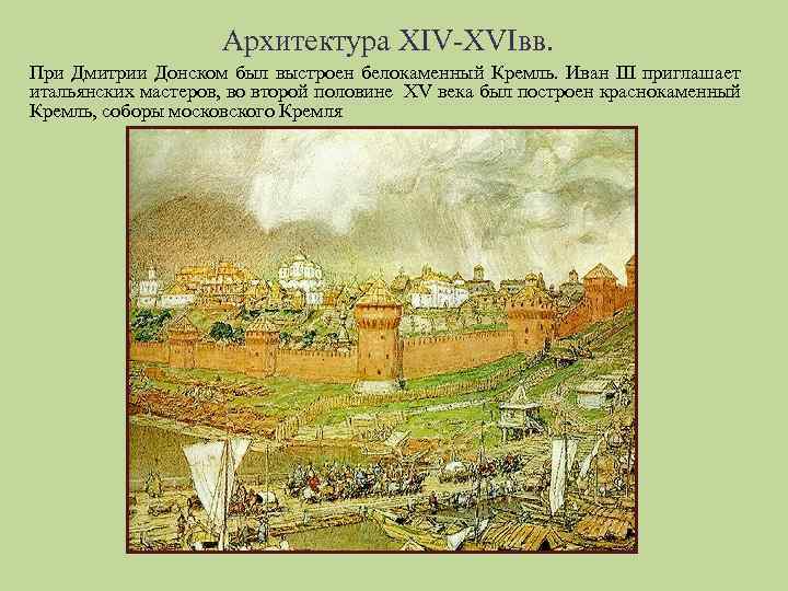 Архитектура XIV-XVIвв. При Дмитрии Донском был выстроен белокаменный Кремль. Иван III приглашает итальянских мастеров,