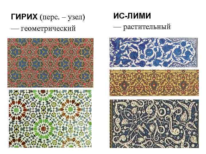 ГИРИХ (перс. – узел) — геометрический ИС-ЛИМИ — растительный 