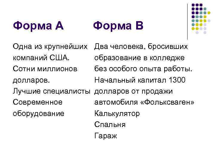 Форма А Форма В Одна из крупнейших компаний США. Сотни миллионов долларов. Лучшие специалисты