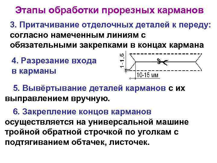 Этапы обработки прорезных карманов 3. Притачивание отделочных деталей к переду: согласно намеченным линиям с