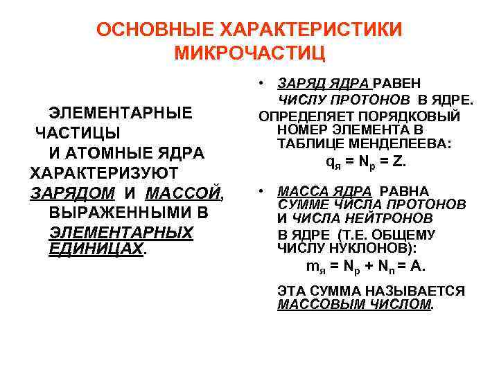 ОСНОВНЫЕ ХАРАКТЕРИСТИКИ МИКРОЧАСТИЦ ЭЛЕМЕНТАРНЫЕ ЧАСТИЦЫ И АТОМНЫЕ ЯДРА ХАРАКТЕРИЗУЮТ ЗАРЯДОМ И МАССОЙ, ВЫРАЖЕННЫМИ В