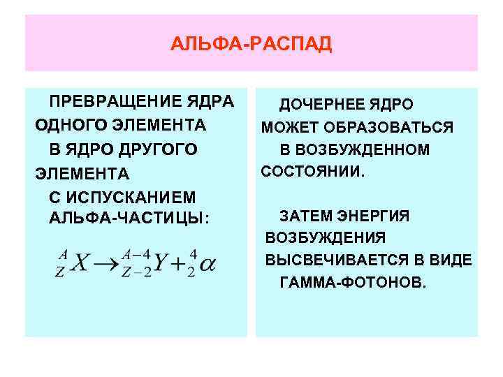 АЛЬФА-РАСПАД ПРЕВРАЩЕНИЕ ЯДРА ОДНОГО ЭЛЕМЕНТА В ЯДРО ДРУГОГО ЭЛЕМЕНТА С ИСПУСКАНИЕМ АЛЬФА-ЧАСТИЦЫ: ДОЧЕРНЕЕ ЯДРО