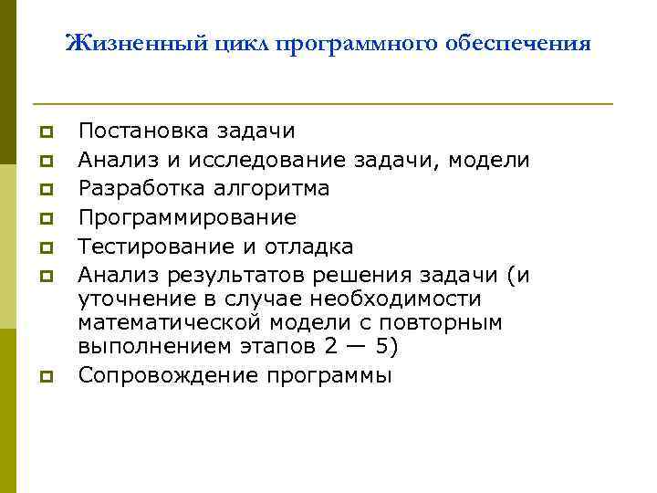 Жизненный цикл программного обеспечения p p p p Постановка задачи Анализ и исследование задачи,