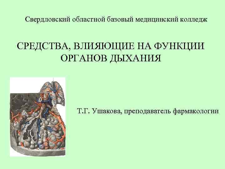 Свердловский областной базовый медицинский колледж СРЕДСТВА, ВЛИЯЮЩИЕ НА ФУНКЦИИ ОРГАНОВ ДЫХАНИЯ Т. Г. Ушакова,