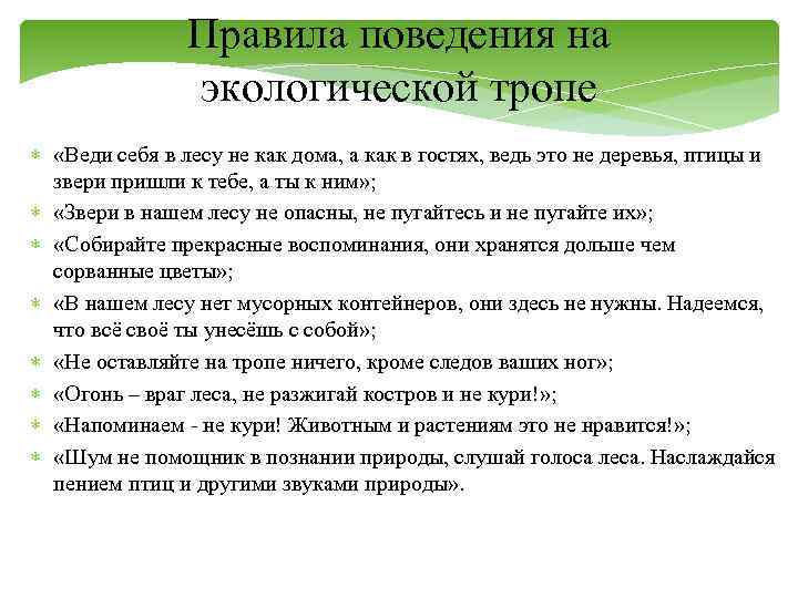 Правила поведения на экологической тропе «Веди себя в лесу не как дома, а как