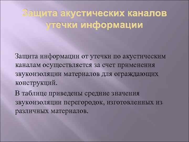 Защита акустических каналов утечки информации Защита информации от утечки по акустическим каналам осуществляется за