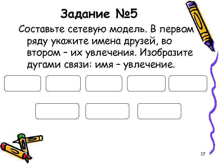 Задание № 5 Составьте сетевую модель. В первом ряду укажите имена друзей, во втором