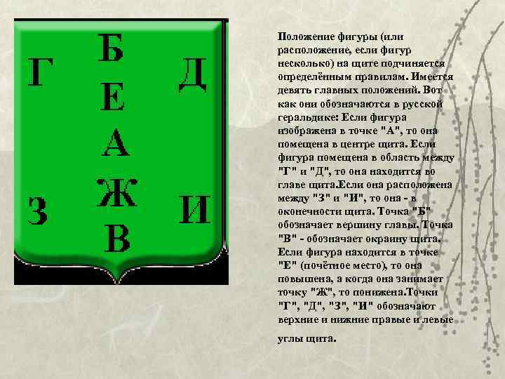 Положение фигуры (или расположение, если фигур несколько) на щите подчиняется определённым правилам. Имеется девять
